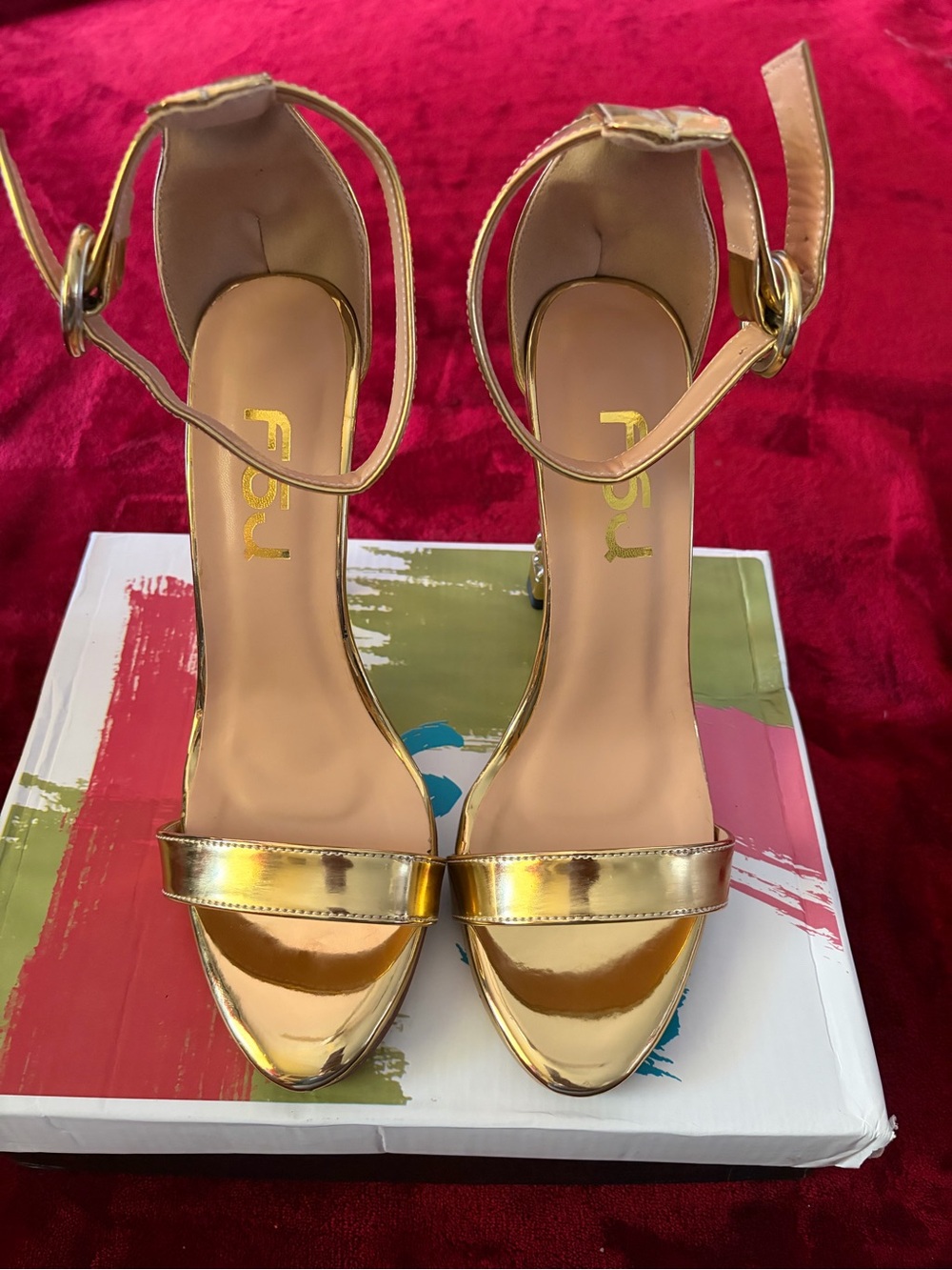 FSJ Gold Metallic Open-Toe Ankle-Strap Heels